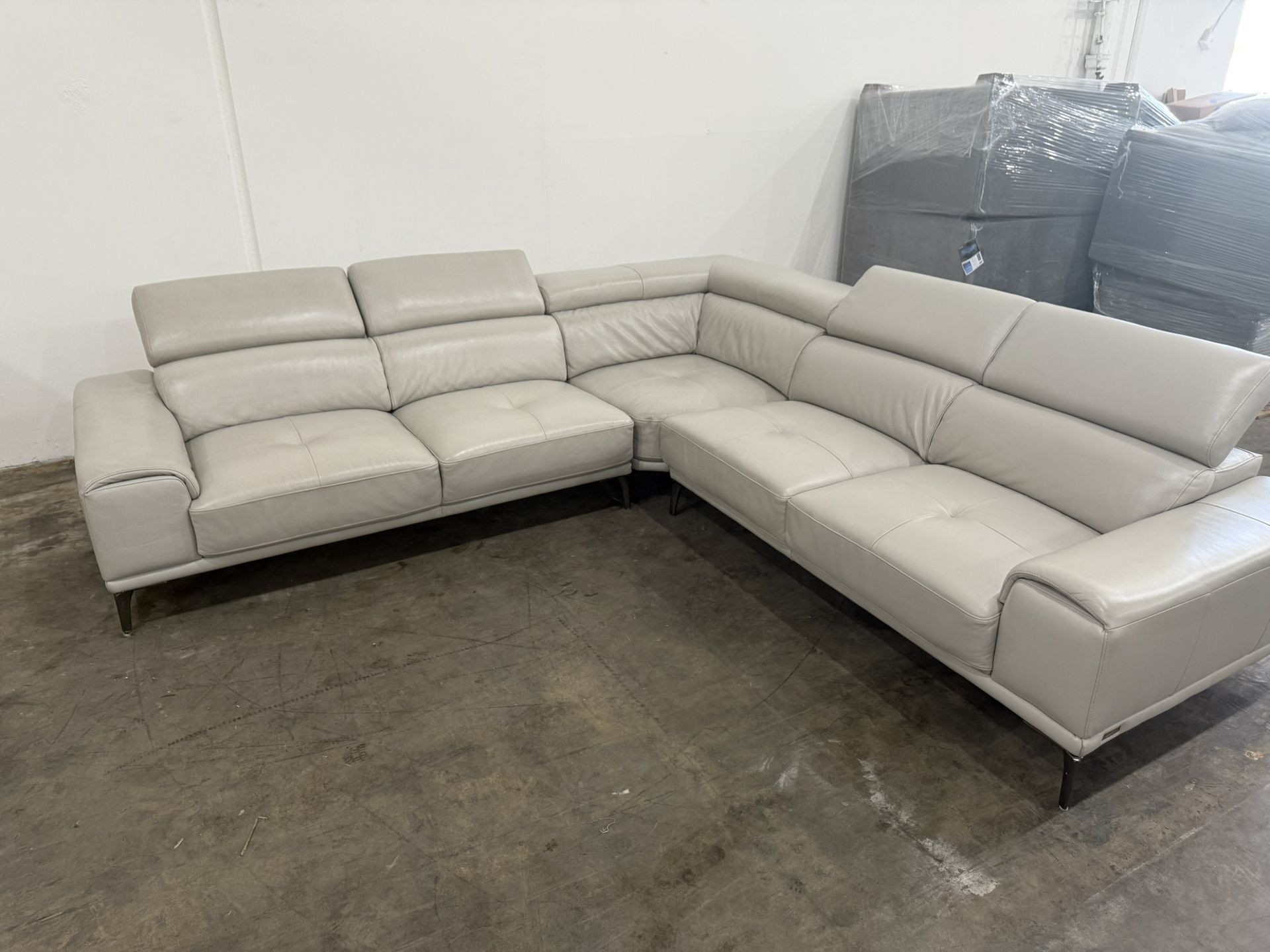 Costco Quinton Top Grain Leather Sectional with Adjustable Headrests, Blue, Mirrored Gunmetal Gray Legs