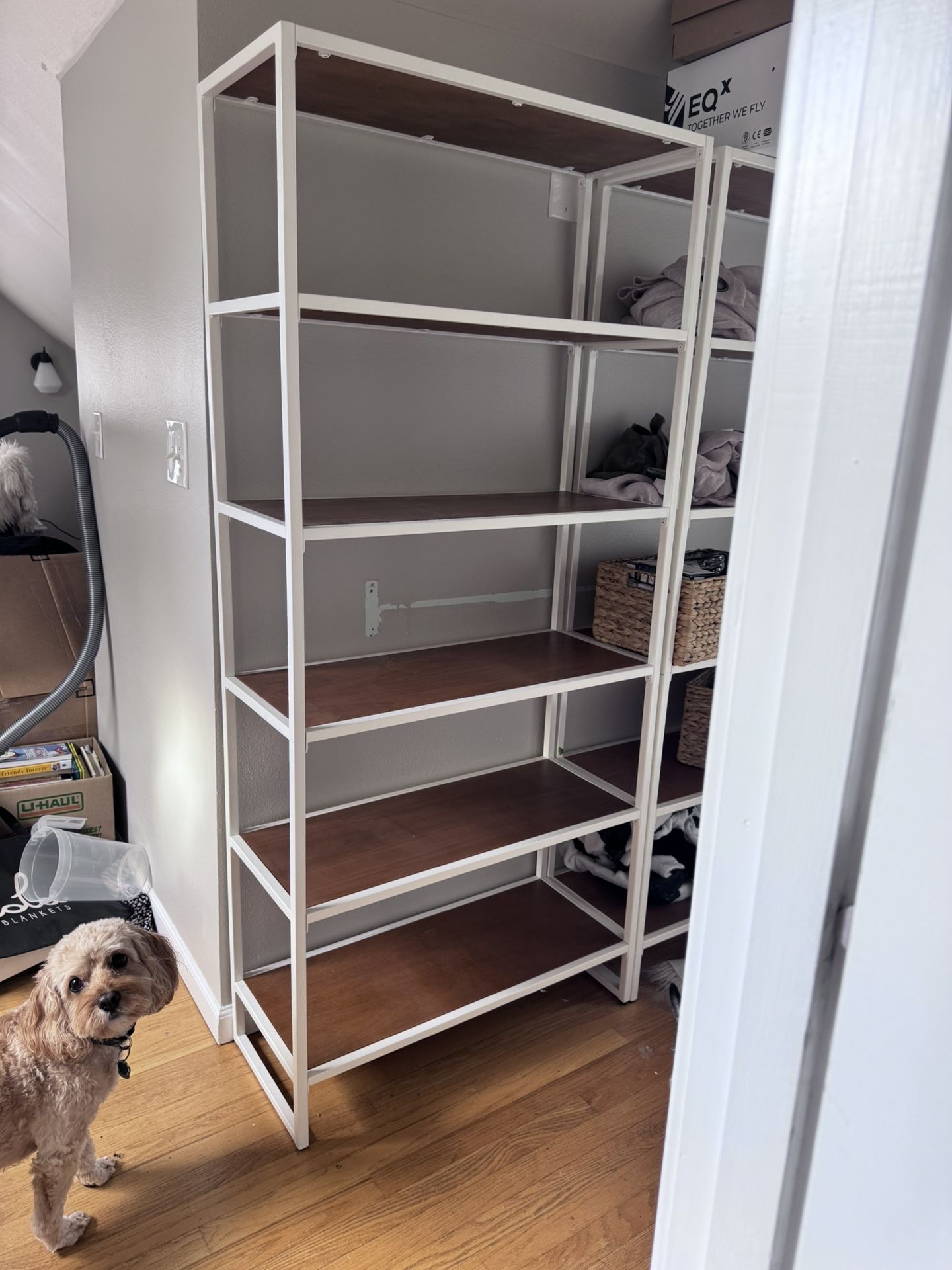Two 5-tier Open Bookshelf | White Metal Frame With Wood Veneer