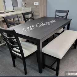 ✅️✅️6 pc Black  Color dining table set padded seat chairs and bench✅️✅️✅️