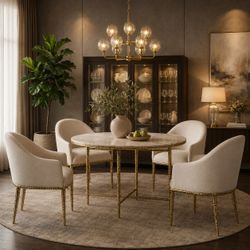 Contemporary Matte Gold Finish 5 Piece Round Dining Table Set 4 Chairs Marble Comedor