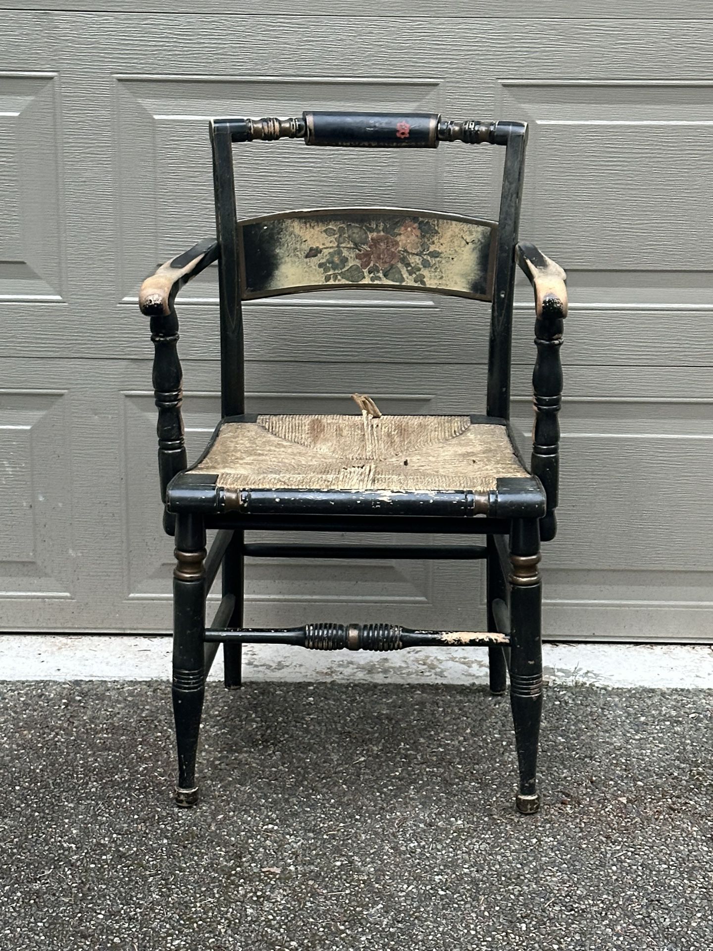 Antique Hitchcock Style Arm Chair With Rush Seat needs repair about 34” tall