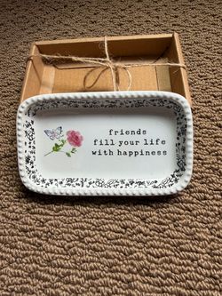 NEW! Decorative White Ceramic Trinket Dish with Pink Rose