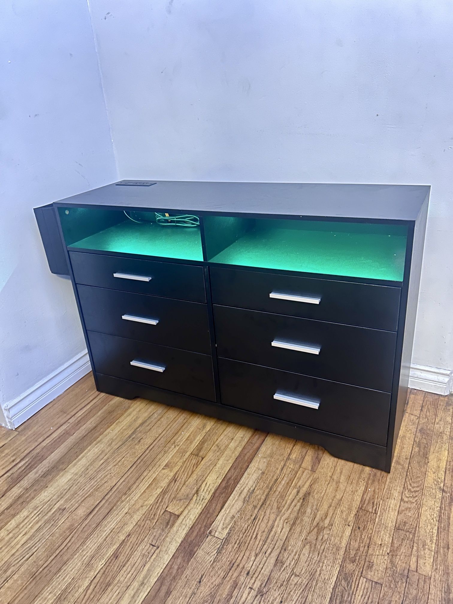New 6 Drawer Dresser with Charging Station and LED Lights, Chest of Drawers with Open Storage Cubby, 46” Black
