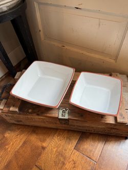Pair of White Glazed Square Terra Cotta Serving Bowls.