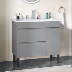 37” Wide Bathroom Vanity with Top Mount Sink and Soft Close Door Modern Gray Design