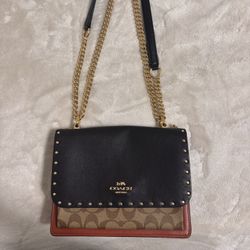 Coach Studded Flap Chain Crossbody in Signature Canvas & Black Leather
