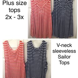 2x-3x Summer Tunic Tops V-neck Navy & Orange Stripe