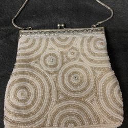 Unique vintage snap clutch beaded pearl and silver with encrusted rhinestones