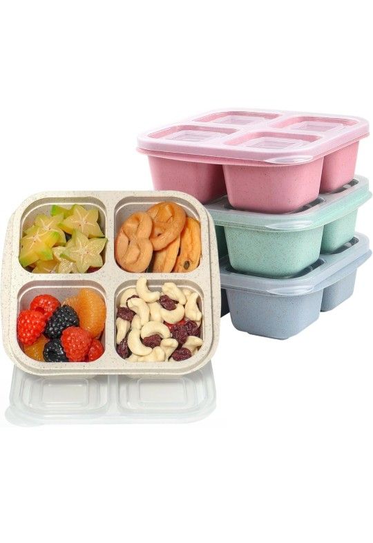 4 Pack Snack Containers, Divided Bento Snack Box, 4 Compartments Reusable Meal Prep Lunch Containers for Kids Adults, Food Storage Containers for Scho