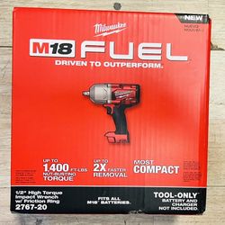 New Milwaukee M18 FUEL 1/2 in. Brushless High Torque Impact Wrench (Tool Only). $220