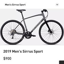 Medium Frame 2019 Specialized Sirrus Sport Gravel Bike. Carbon Fork. Hydraulic Brakes. 2 X 9 Drivetrain.