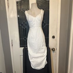 White Eyelet Corset Midi Dress | Coquette Cottagecore Bustier Dress