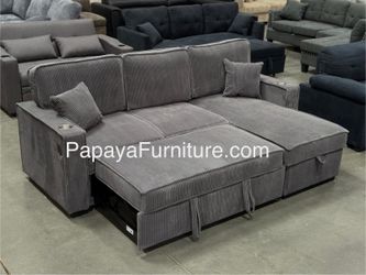 NEW L Shape Sectional Sofa and STORAGE Chaise Set Pullout Sleeper Bed Pull out Convertible Grey Fabric Ashley Style BIG COUCH SALE Discount Clearance