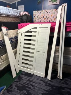 🥰$185 -Beautiful FULL SIZE white bed frame (frame only) sold separately from any mattresses . White it could use a repainting but cute as it- very
