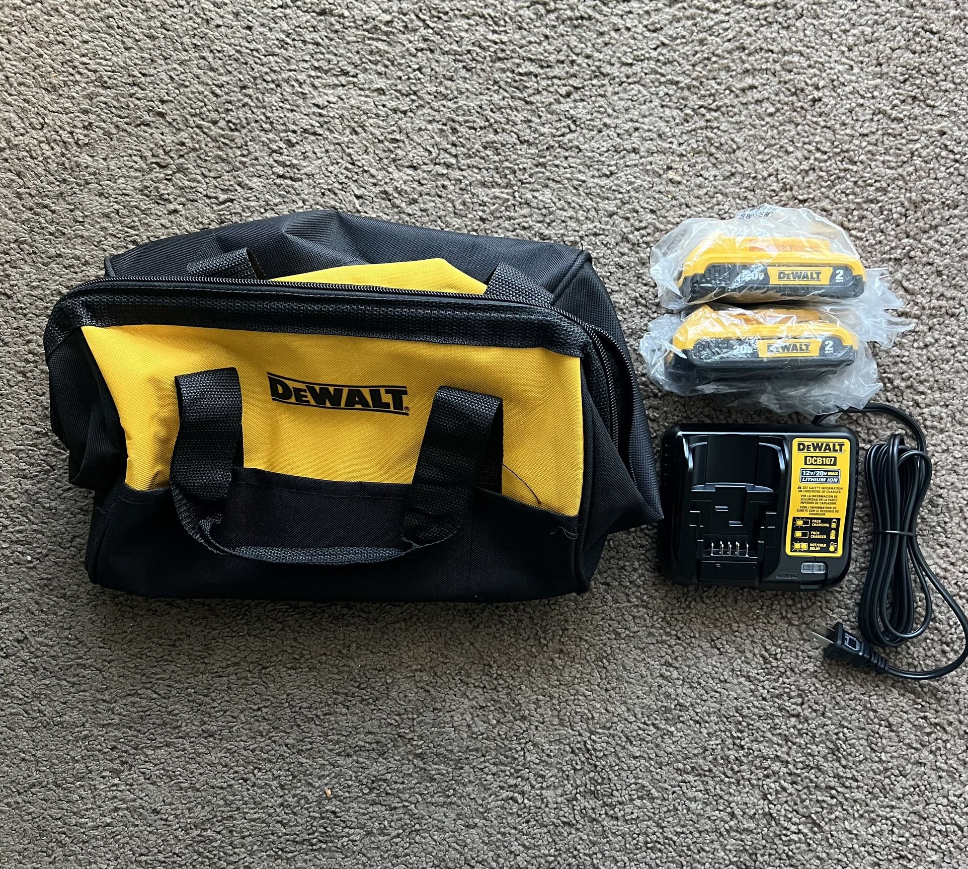 Dewalt 2 Battery, Charger And Tool Bag Combo (Brand New)