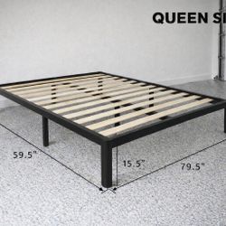 Queen Size Metal Platform Bed Frame Wood Slats