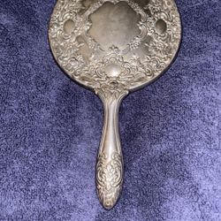 Vintage 1970s Silver Plated Vanity Hand Mirror Ornate Floral 9.25” X 5” No Glass