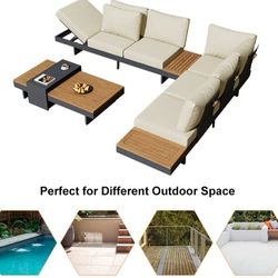 4 Piece Outdoor Teak And Aluminum Modular Sofa Set For 6 People In Ivory With Black Cover 