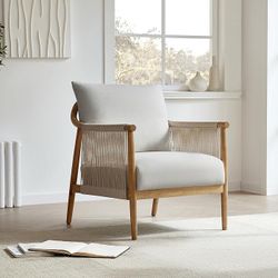 Braid Accent Chair, Modern Armchair with Solid Wooden Armrest for Living Room and Bedroom, Boho Reading Chair, Light Grey