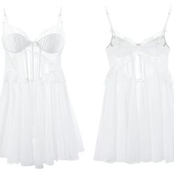 Sexy Lingerie for Women Babydoll Date Night Outfit Dress with Underwire Mesh Lace Ruffle Hem Sleepwear