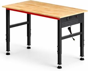 48" Workbench with Feet, Adjustable Height Workbench with Power Strip & Pegboard, 2000LBS Load Capacity Solid Wood Top Work Table with Reinforced Stee
