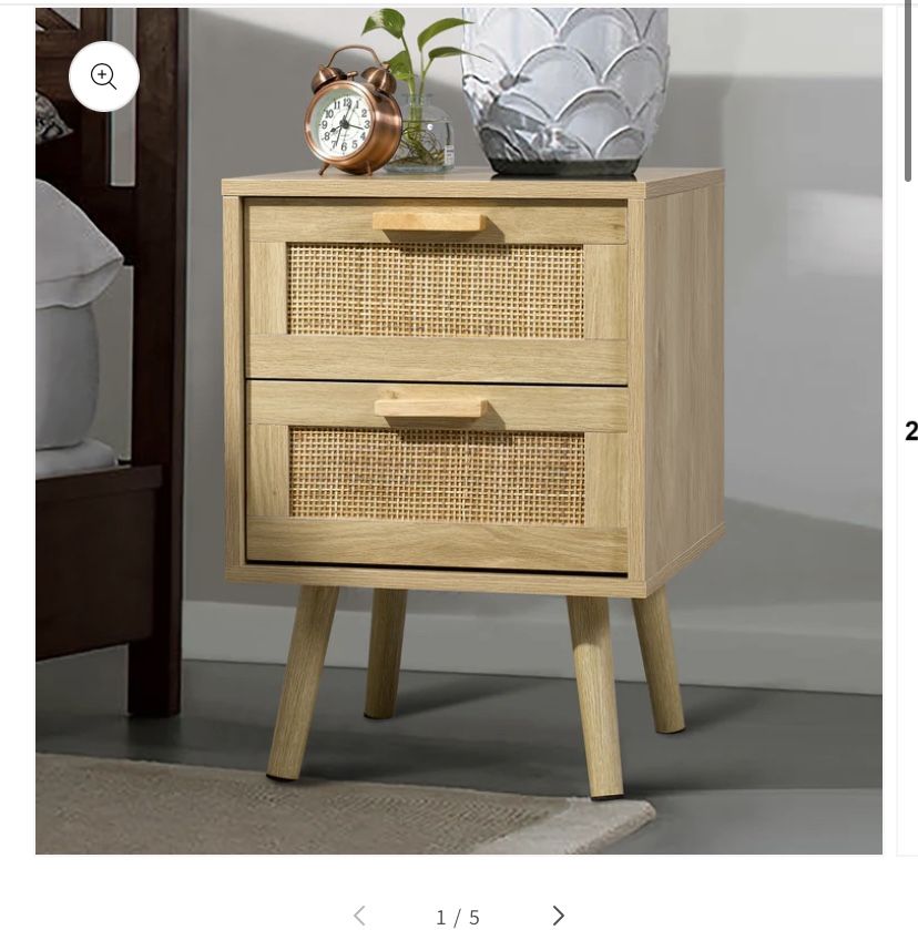 Finnhomy Nightstand, End Table, Side Table with 2 Hand Made Rattan Decorated Drawers, Wood Accent Table with Storage for Bedroom, Natural, F20NS2DV760