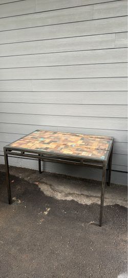 Metal Frame Table with Mosaic Wood Top