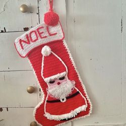 Vintage Christmas Handmade Crochet Large Stuffed Holiday Red Santa Noel Stocking