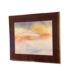 Mid 20th Century Vintage Pencil Signed and Numbered Watercolor Painting Print of Dreamy Pastel Mountain and Sky Scene, by Lambrecht, Framed