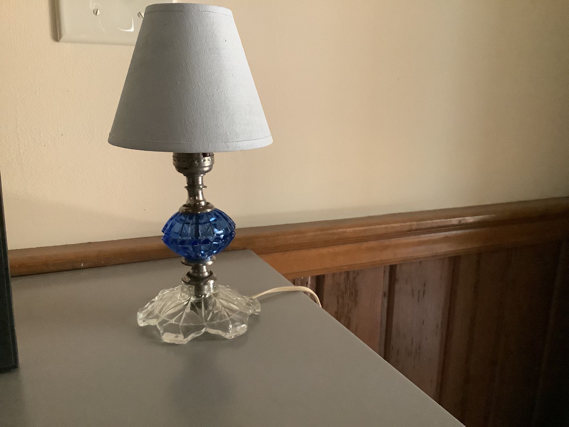 Vintage Blue Crystal Lamp And Shade