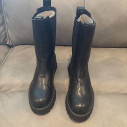 Steve Madden ‘Involved’ Leather Boot, Size 8, Flat Combat Pull On  Mid Calf Black