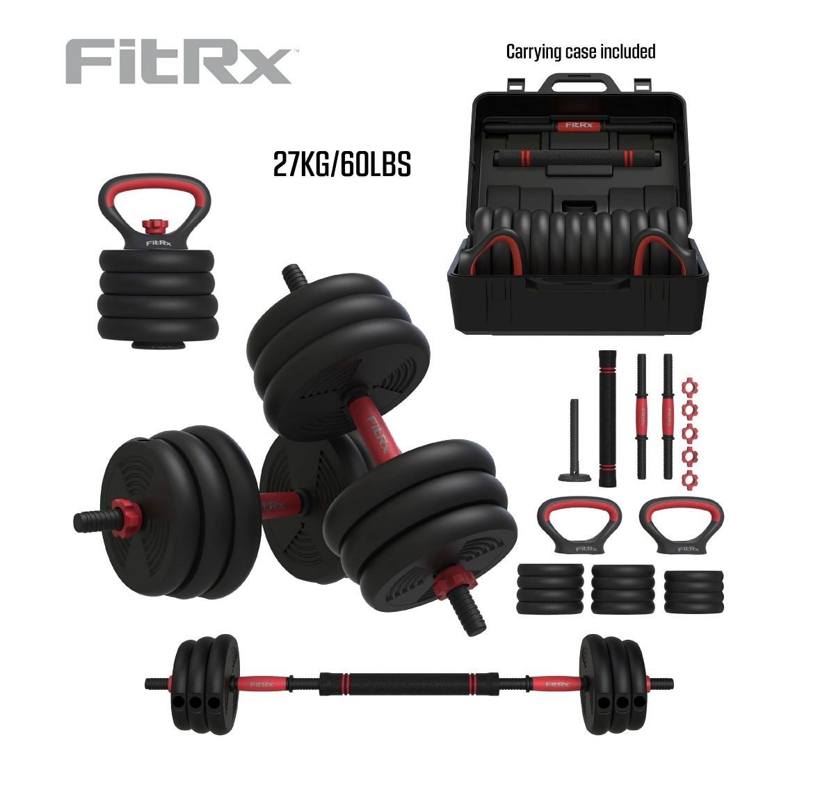 FitRx SmartBell Gym, 60 lbs. 4-in-1 Adjustable Interchangeable Dumbbell, Barbell, and Kettlebell Wei
