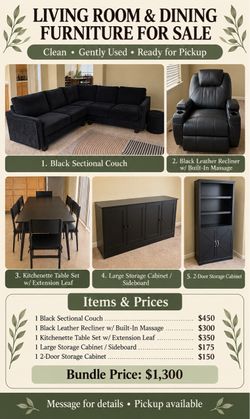 Living Room & Dining Furniture Set – Sectional, Recliner, Dining Set + Storage