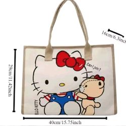 Hello Kitty Versatile Canvas Tote Bag Front All-Over Print Piping Detail