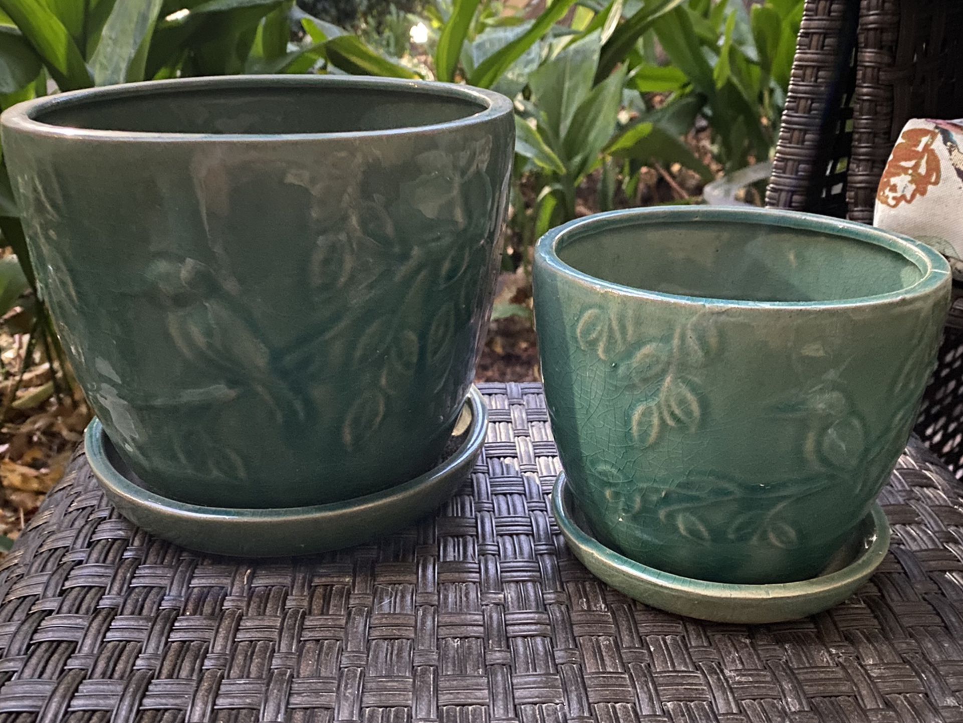 Matching Pair Of Green Bird Terracotta Glazed Pots
