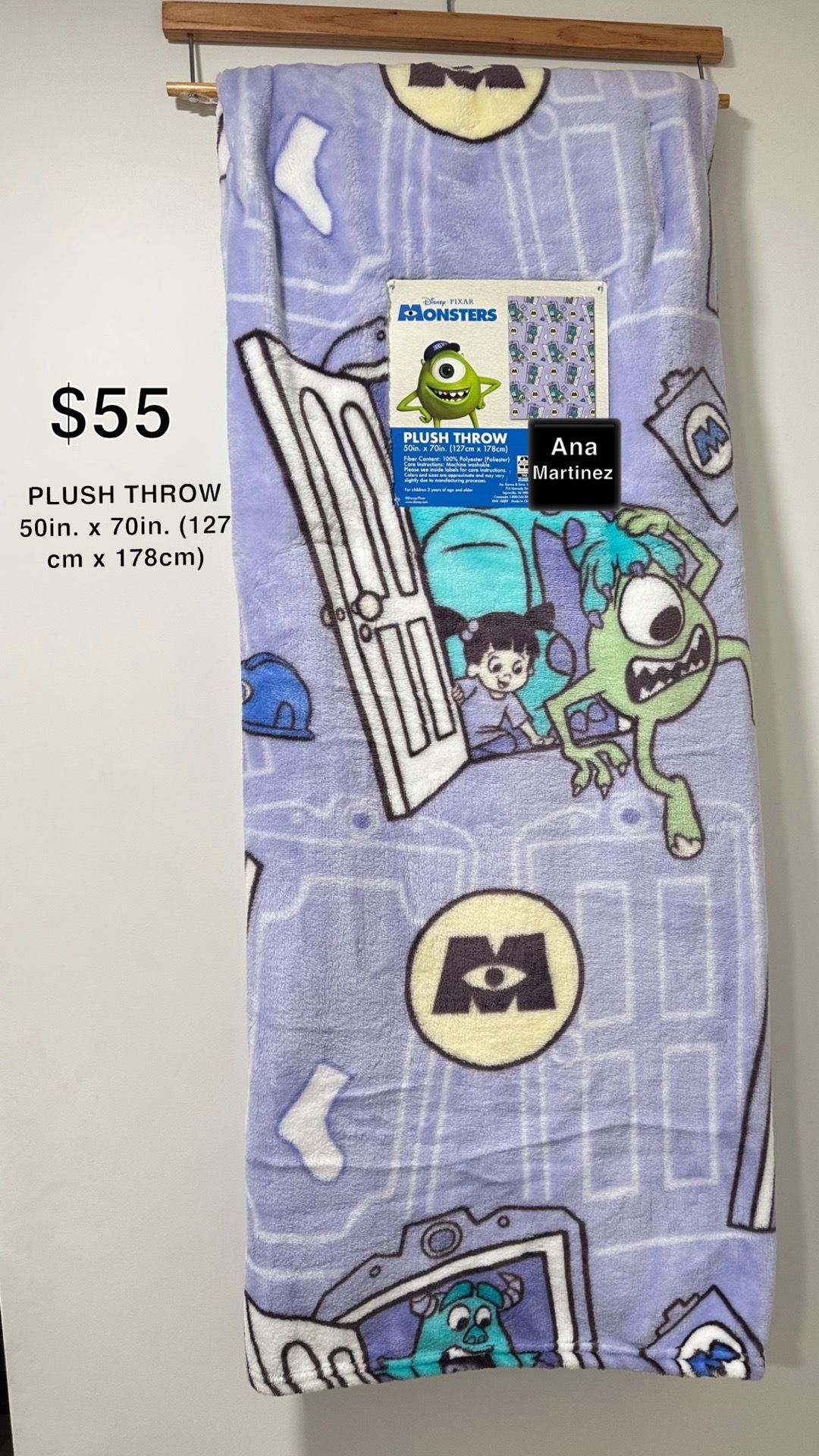 Disney Pixar Monsters Inc Throw Blanket 50"X 70" Sully Mike Boo VIRAL NEW