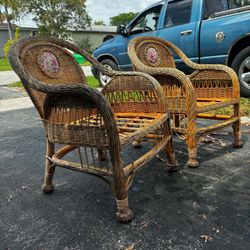 Vintage Boho Style Wicker Rattan Armchairs With Floral Upholstered