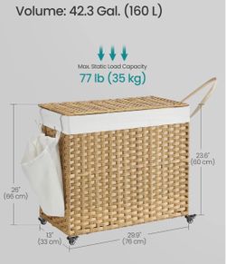 SONGMICS 42.3 Gallons (160 L) 3-Section Hamper Rolling Laundry Basket w/ Wheels - Natural