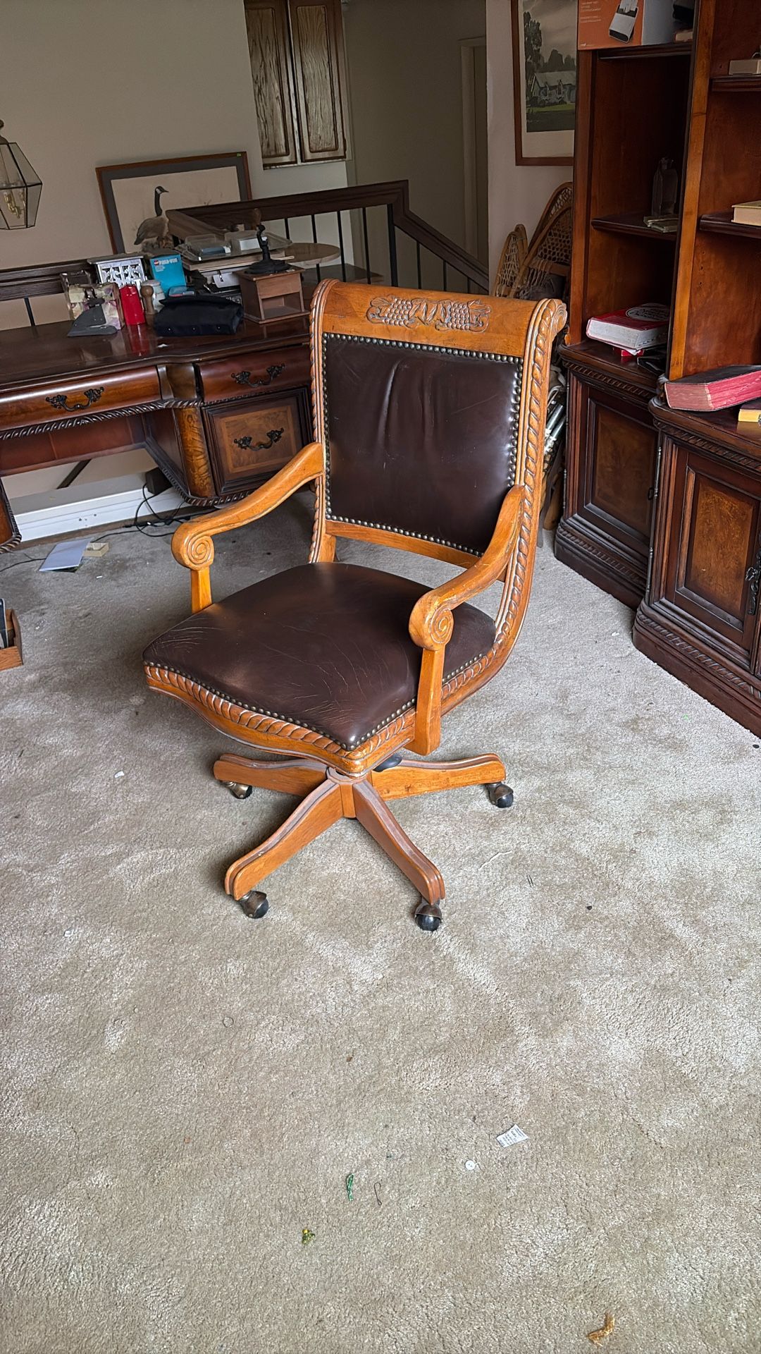 Wheeled Leather And Wood desk chair