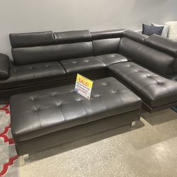 Black Leather Sectional Sofa With Ottoman ** In Stock ** New ** Easy Financing Options