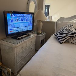 Wicker Head Board And Nightstand 