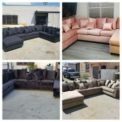 NEW 5x13x8ft And 8x13x5ft U SECTIONAL COUCHES,  Domino BLACK FABRIC, Velvet PINK, Jaguar OTTER FABRIC, Baby FACE BLACK 