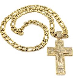 Necklace Stainless Steel 18K Gold Plated Cross With Cubic Zirconia, width 9MM ,Size Length 22”