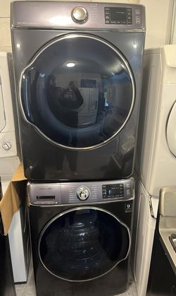 Samsung Front Load Washer & Dryer Set – Steam, Black Stainless, Stackable