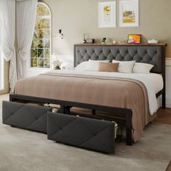 King Bed Frame with 2 Storage Drawers, Linen Upholstered Headboard Platform Bed with Charging Station, No Box Spring Needed, Metal Slats Support, Nois