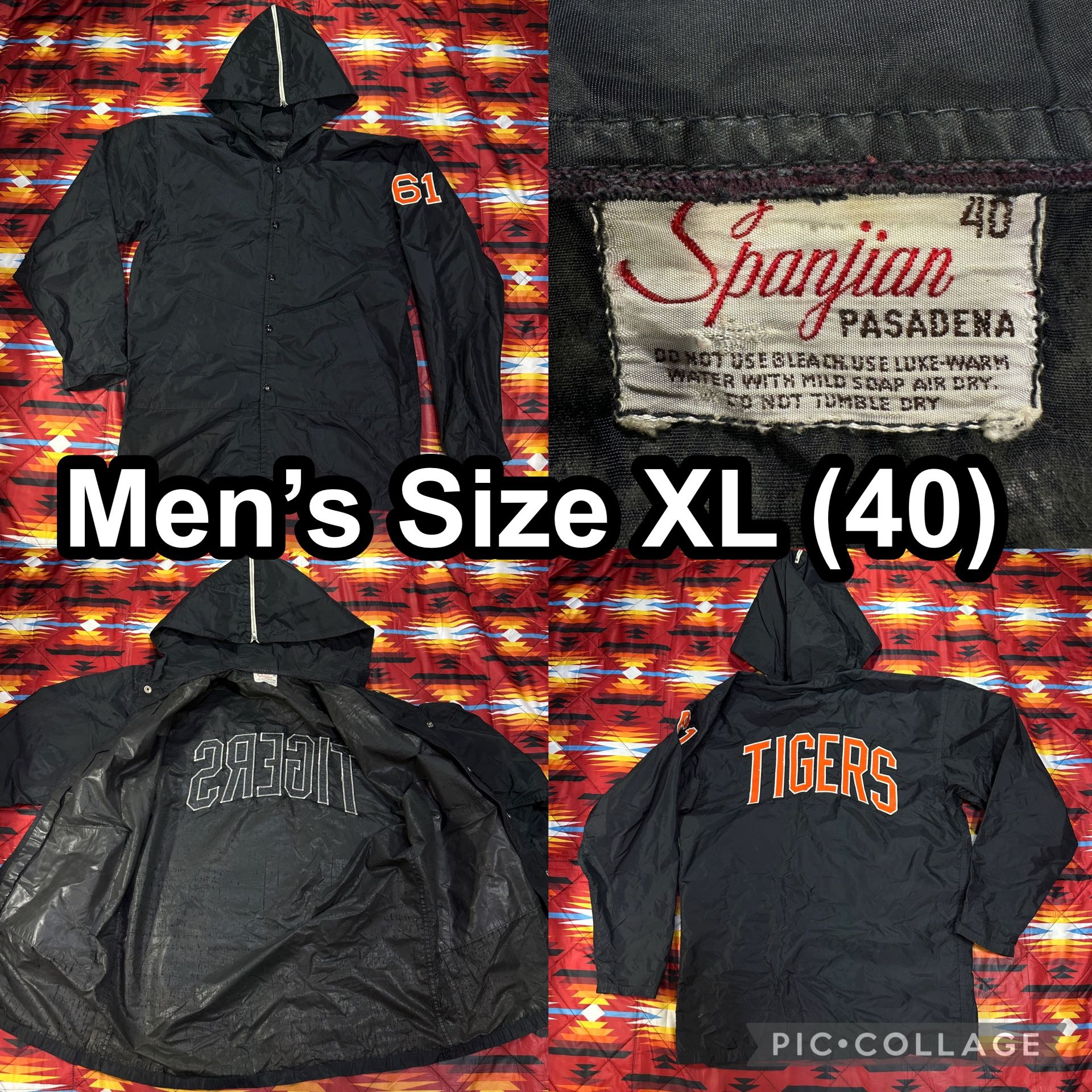 VINTAGE Spanjian Pasadena Black Button Jacket Men’s (40) XL Tigers #40 Hooded