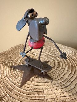 Rustic Yardbirds Metal Folk Art R. Kolb Sculpture Happy Skateboard Dog Junkyard