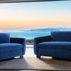 Brand New Blue Velvet Modern Style Sofa & Loveseat 