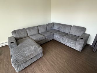 PaPaJet U Shaped Couch, 112 Inch Oversized Couch with Storage Chaise, Sectional Sofa with Cup Holders & 2 USB Ports, Corduroy Grey Sofa