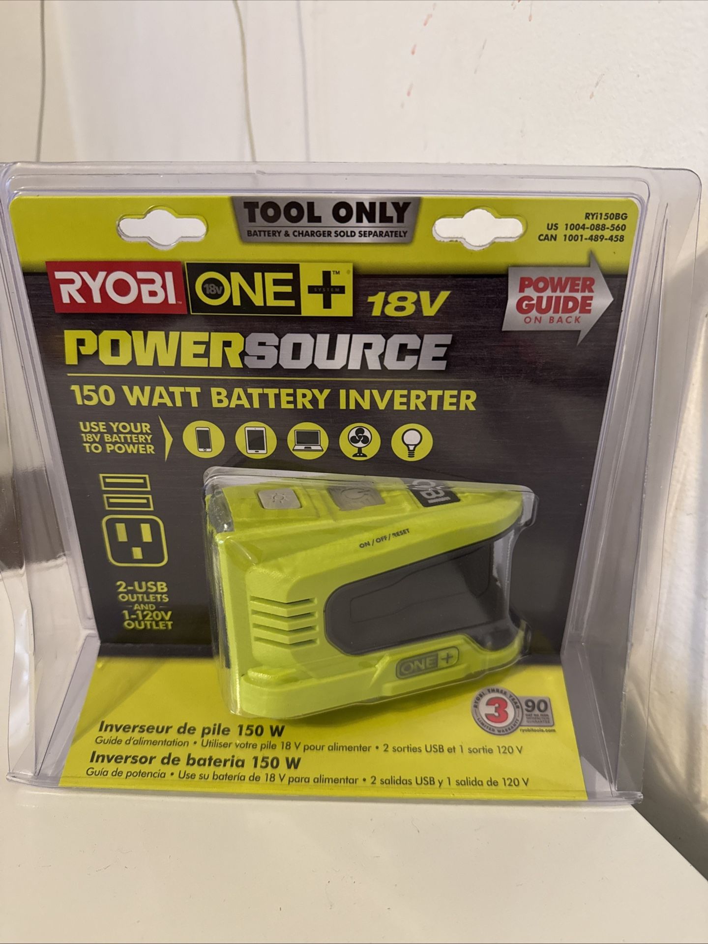 AM Ryobi RYI150BG ONE+ 18V 150 Watt Battery Inverter w/ 2 USB-A +120V\ 